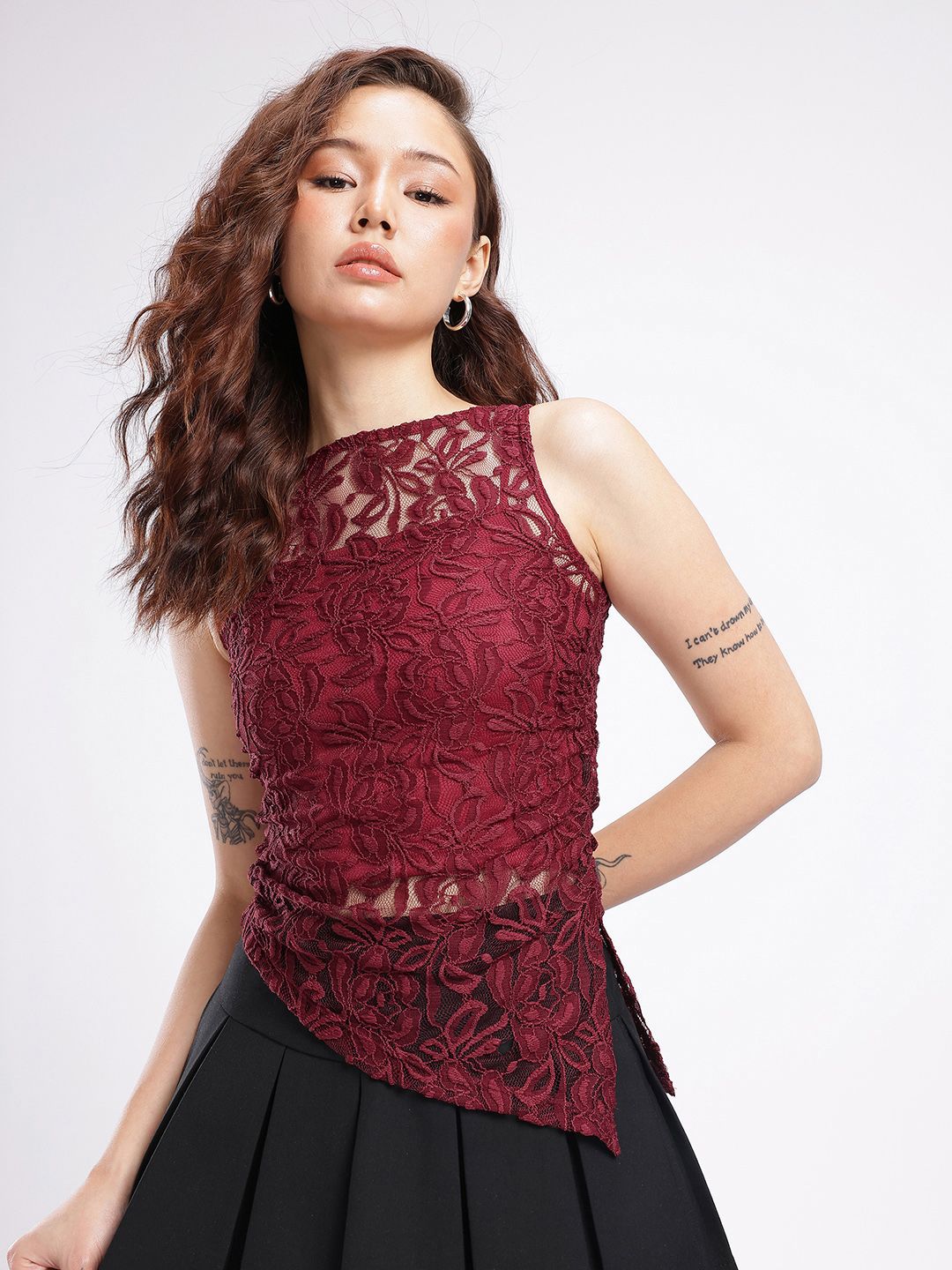 Buy glitchez Sleeveless Textured Lace Fitted Top - Tops for Women