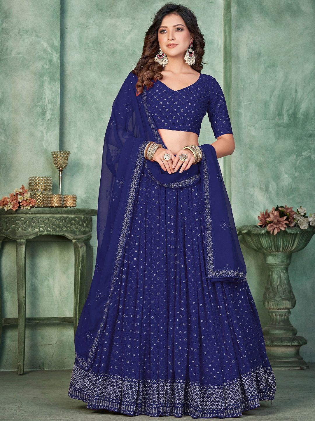 Warthy Ent Embroidered Sequinned Semi-Stitched Lehenga & Unstitched Blouse With Dupatta