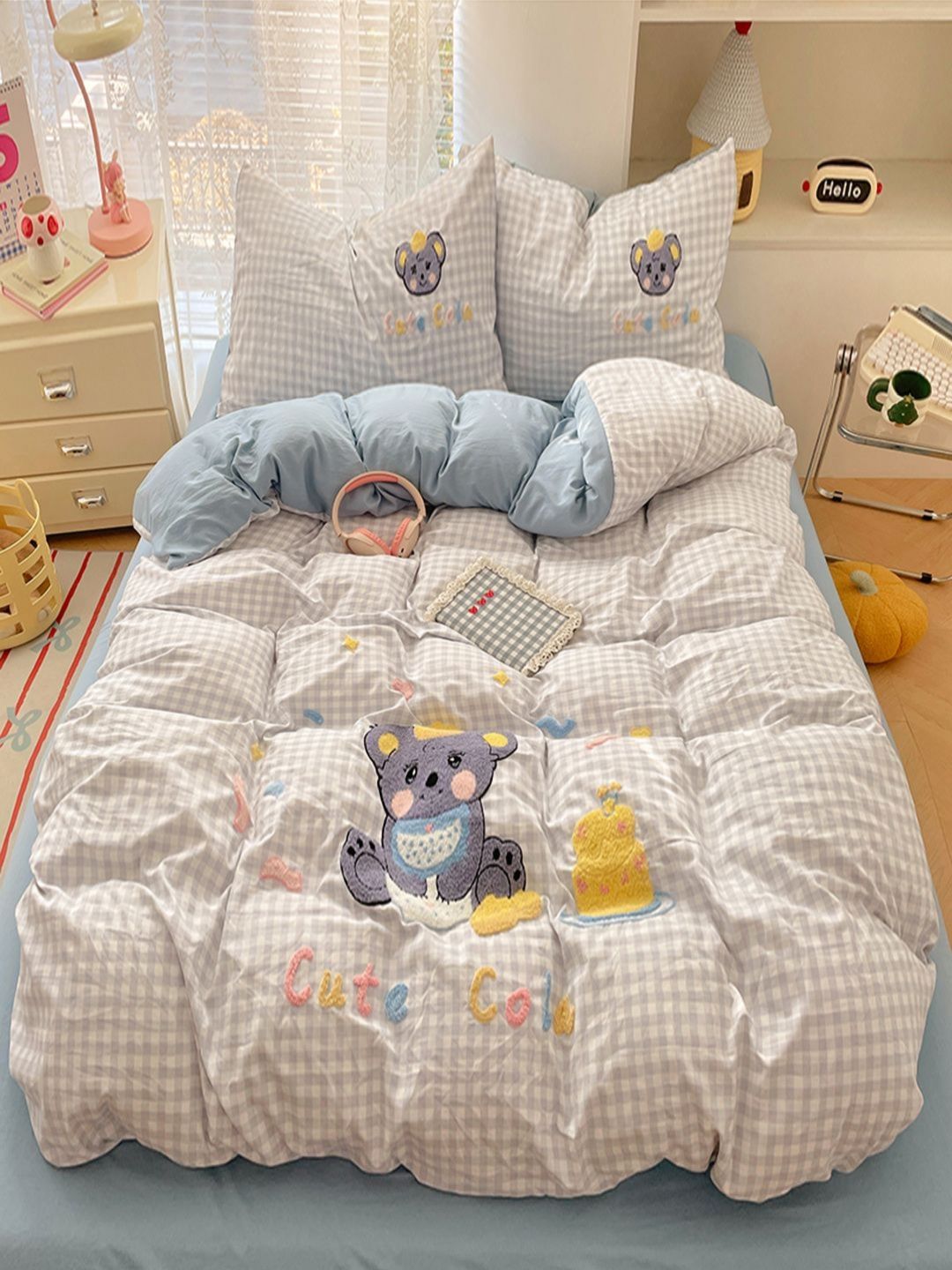 JC HOME Blue & White 4 Pieces Checked Double Extra Large Bedding Set