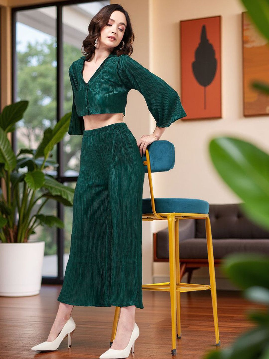 Zima Leto Pleated Shirt Collar Crop-Top With Palazzos Co-Ords