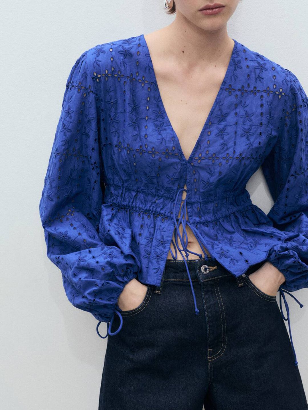 トップス a Buy MANGO Schiffli Embroidered Lace Up Detail Front-Open Cotton