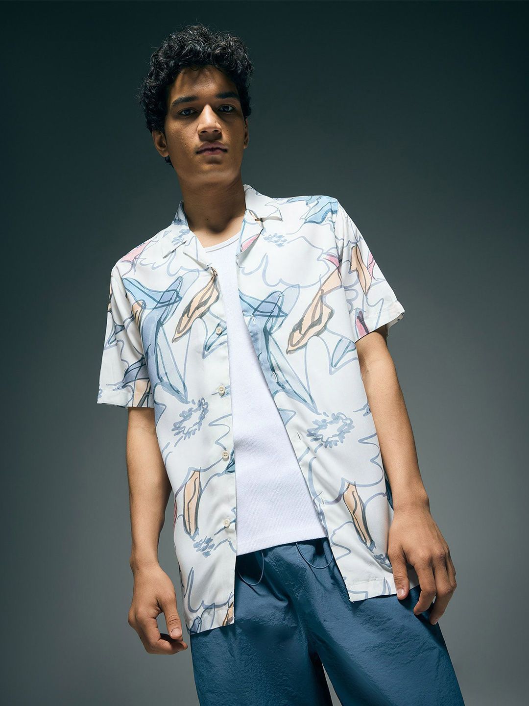 Men Printed Casual Shirt Flying Machine Men Abstract Printed Cuban Collar Casual Shirt