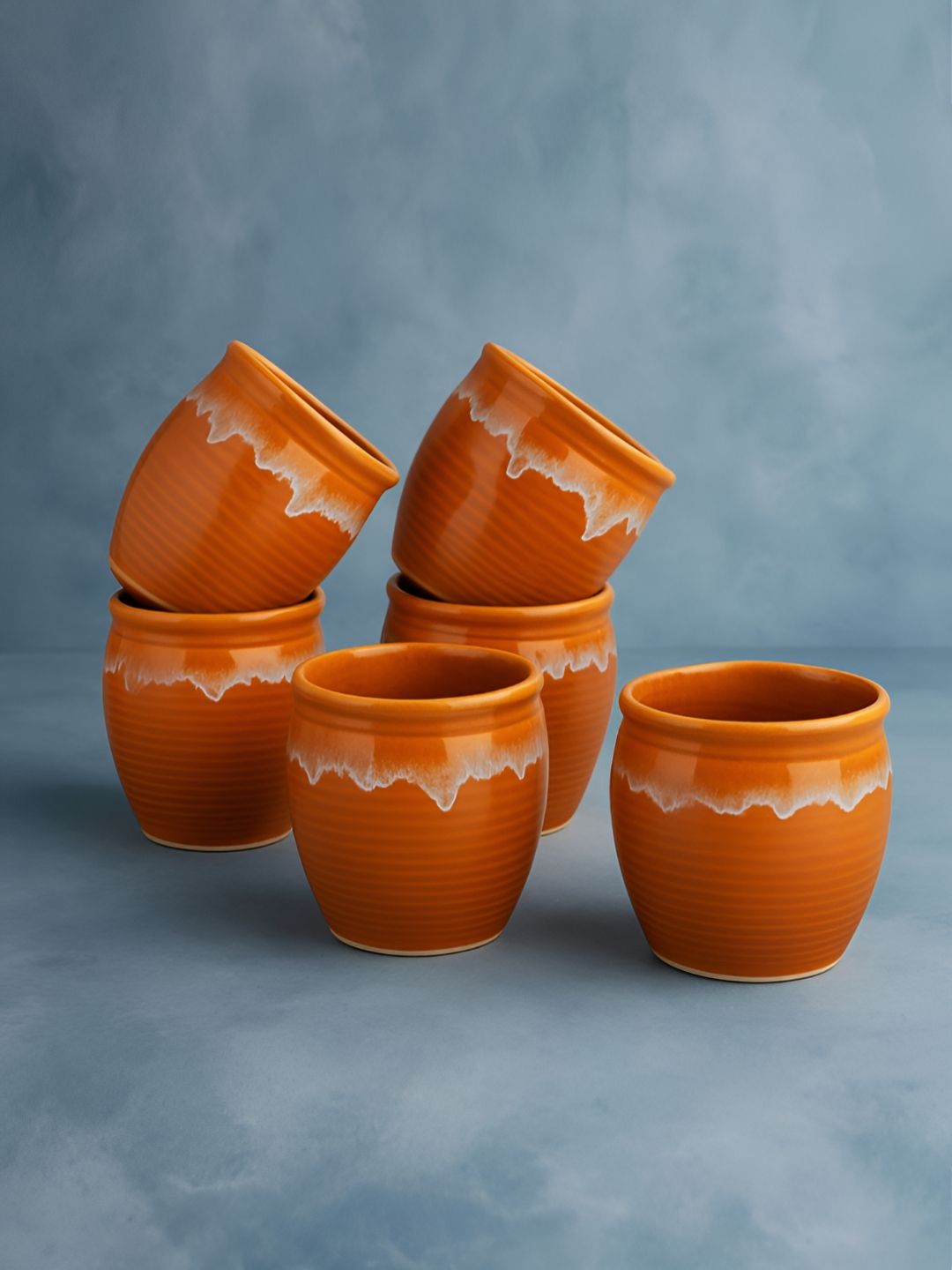 StyleMyWay Brown Striped Ceramic Handmade 6 Piece Kulladh-200ml