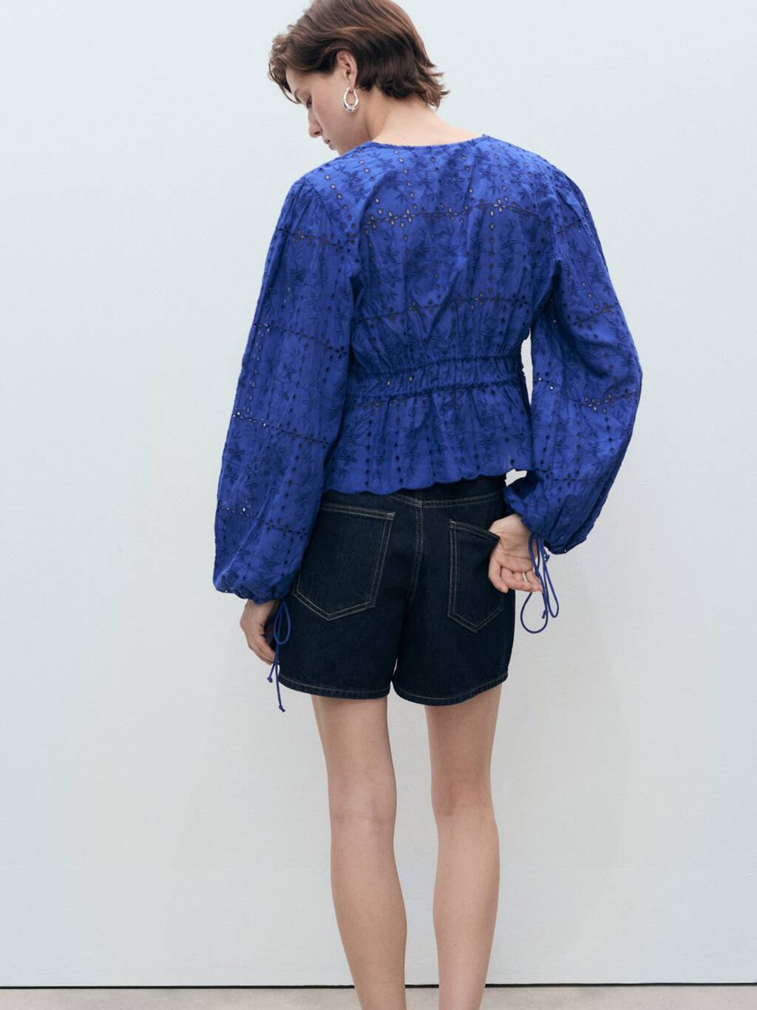 Schiffli Embroidered Lace Up Detail Front-Open Cotton Top