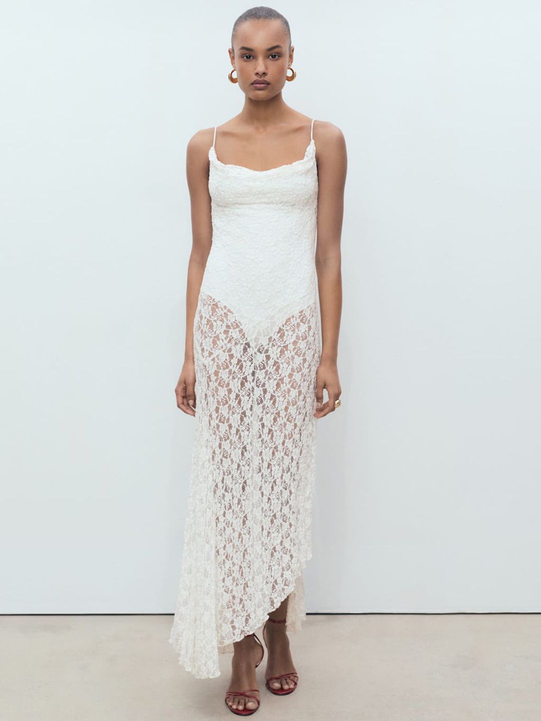 Draped Neck Sheer Lace Maxi Dress