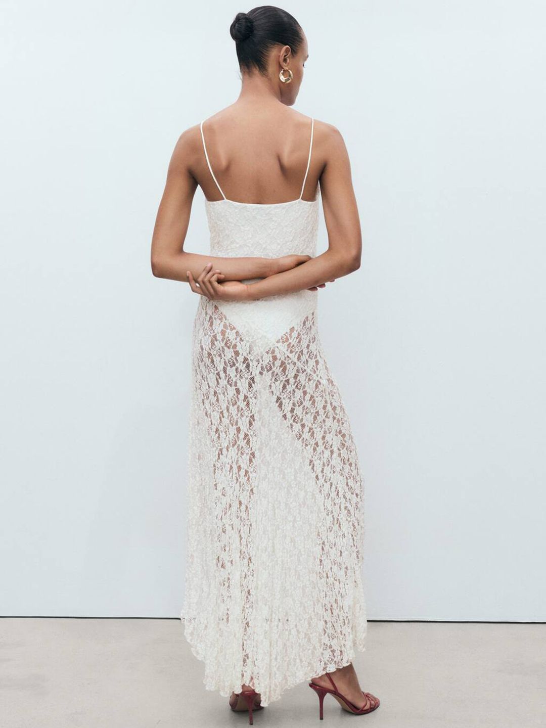 Draped Neck Sheer Lace Maxi Dress