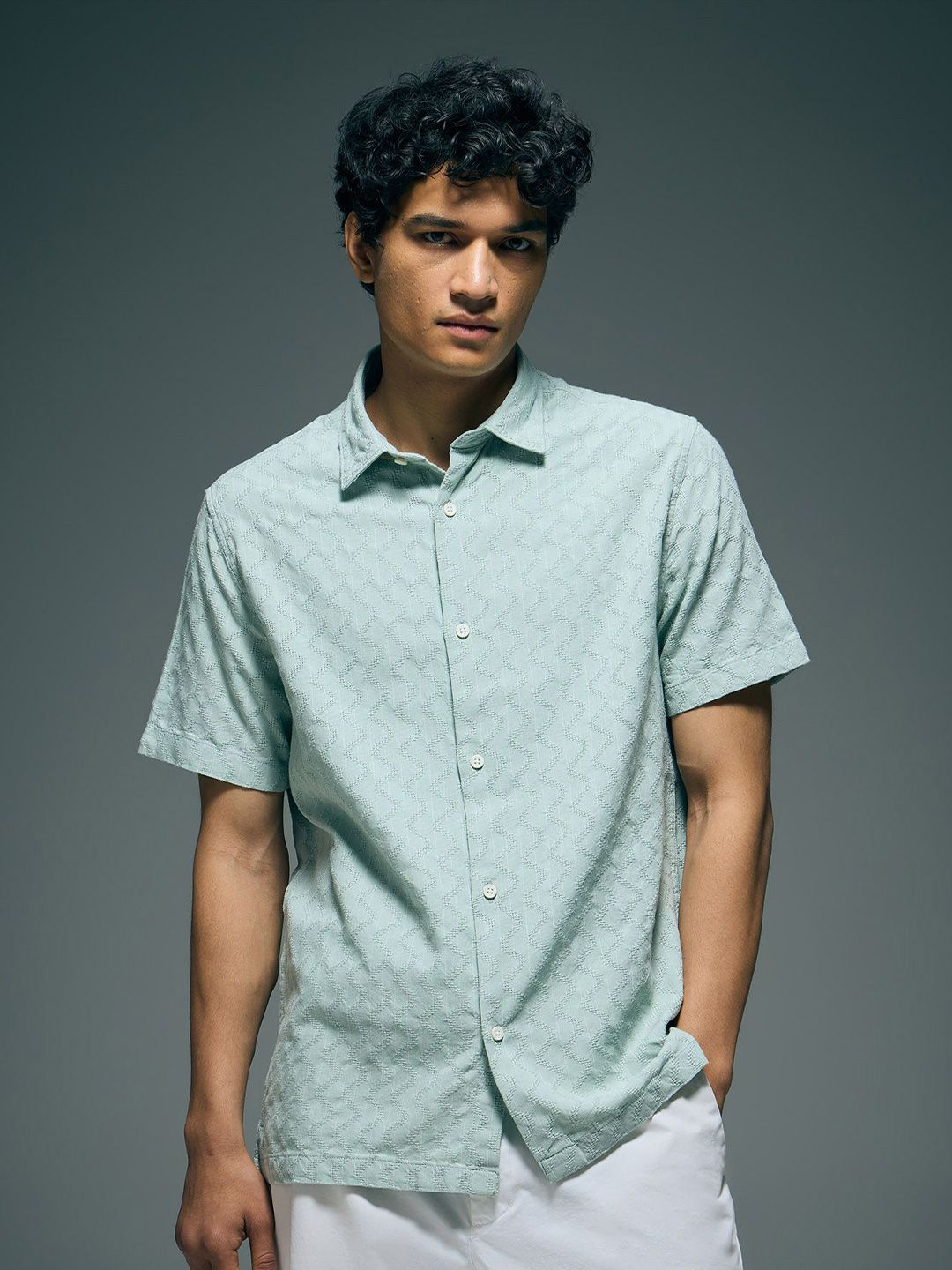 Men Textured Cotton Shirt Flying Machine Men Textured Spread Collar Cotton Casual Shirt
