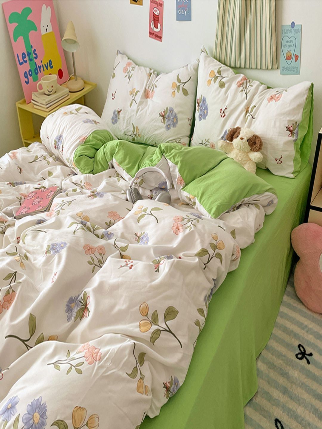 JC HOME Green & Blue Floral Polycotton 3 Piece Double King Regular Bedding Set