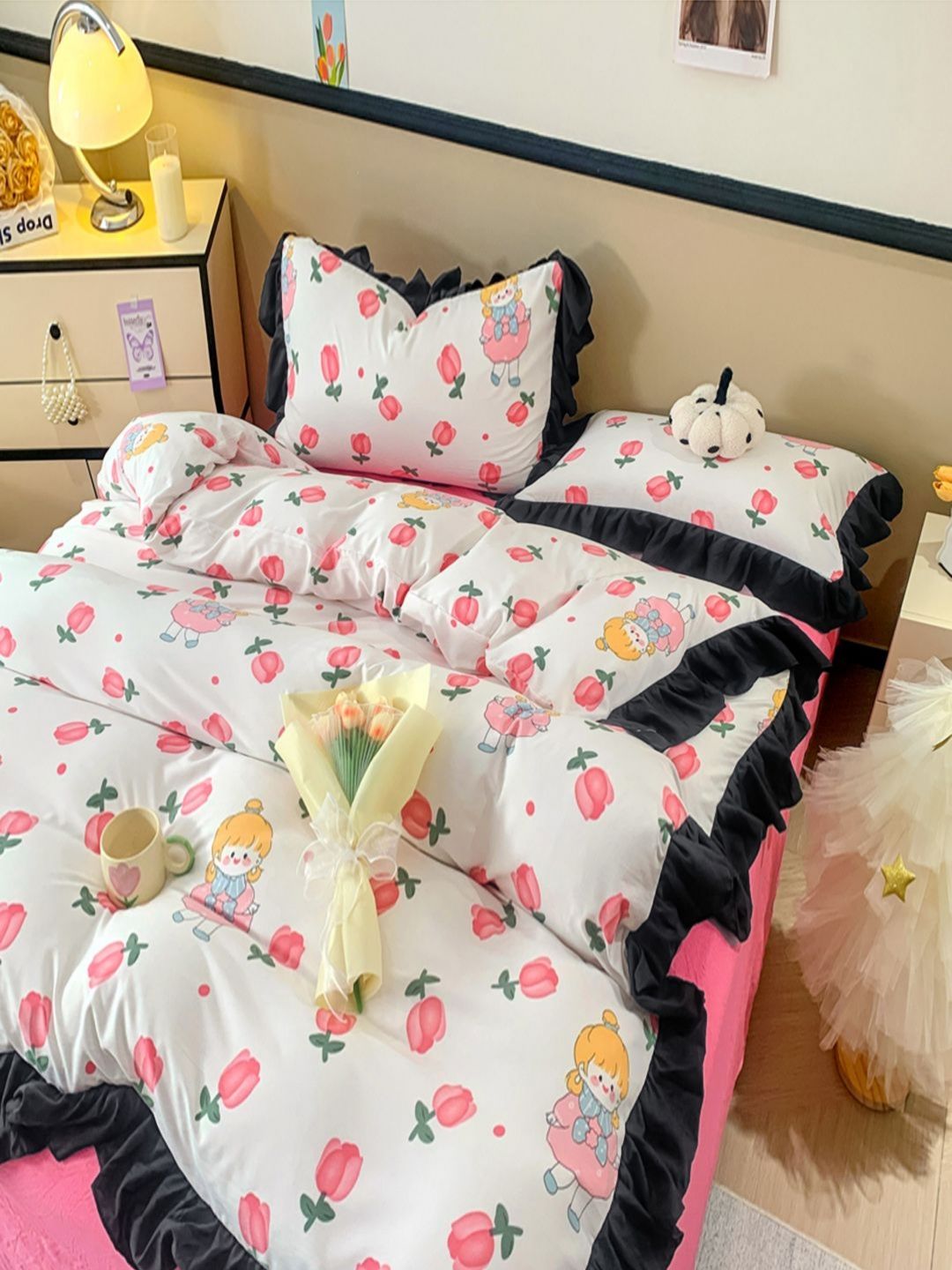 JC HOME Pink & White Floral Polycotton 3 Piece Double King Regular Bedding Set
