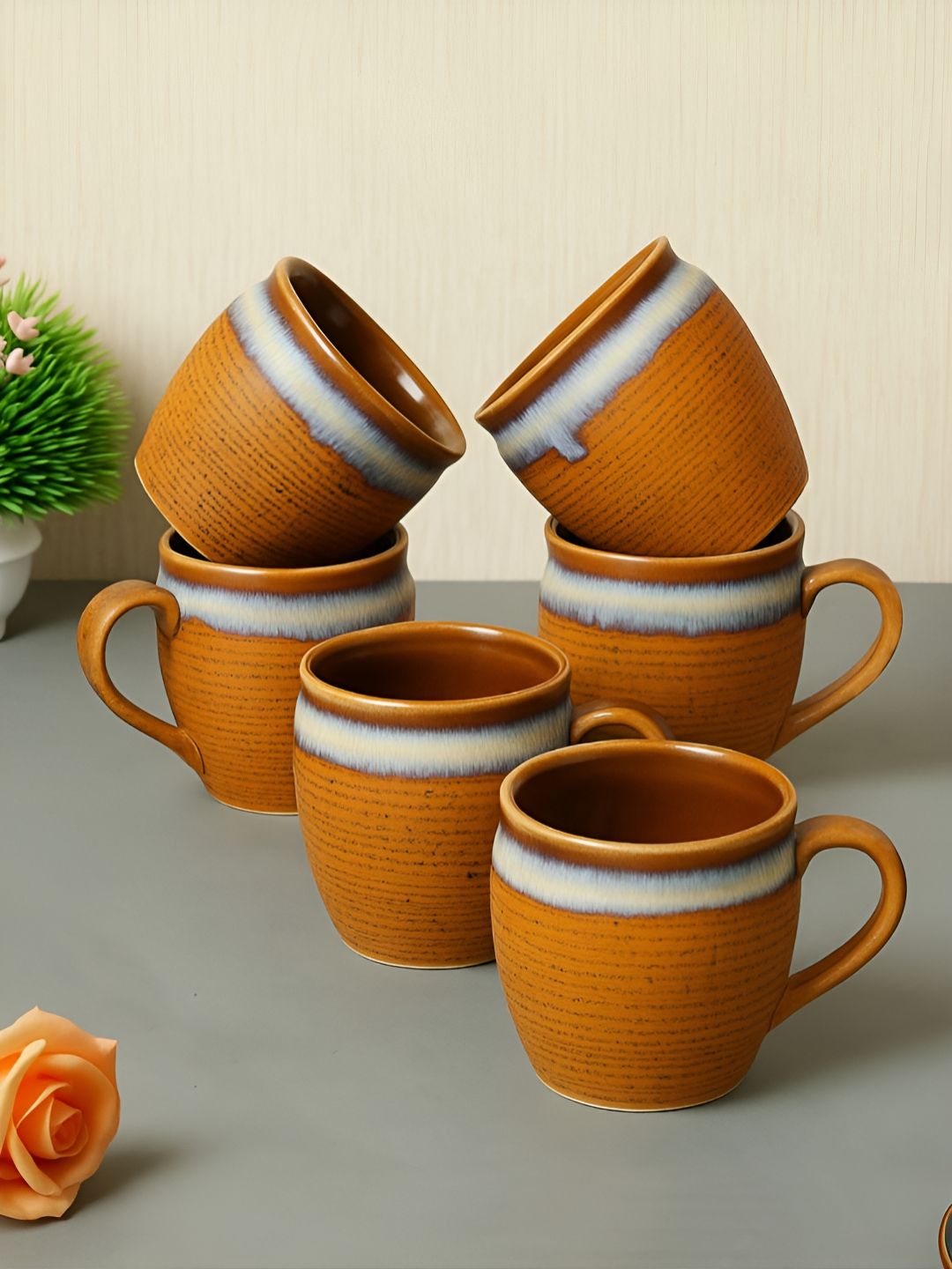 StyleMyWay Brown Textured Ceramic Microwave Safe 6 Piece Mugs-200ml