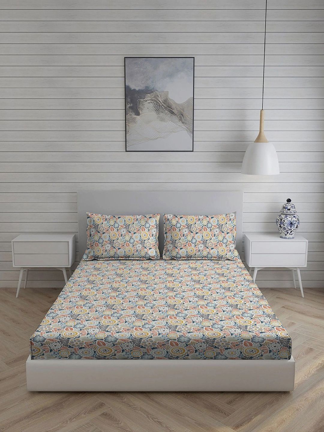 Living scapes by Pantaloons Blumen Blue Floral Cotton 210 TC King Fine Bedsheet with 2 Pillow Covers-274 x 224 cm