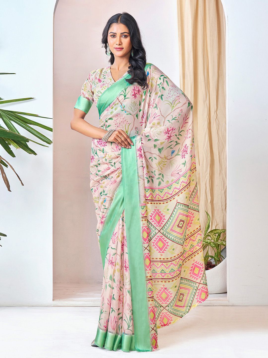 Mitera Women Floral Print Pure Georgette Ready to Wear Saree