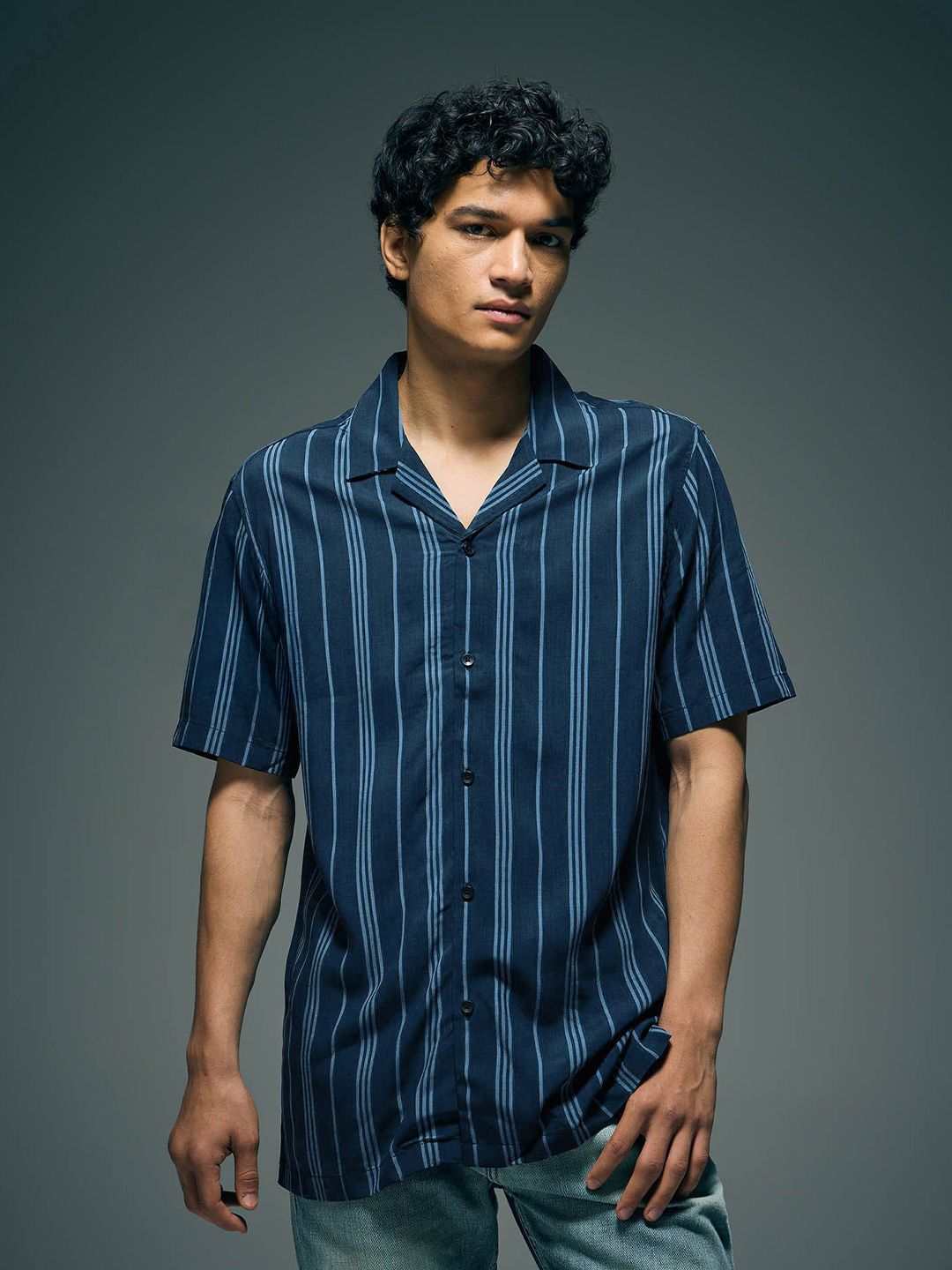 Men Striped Casual Shirt Flying Machine Men Vertical Striped Cuban Collar Casual Shirt