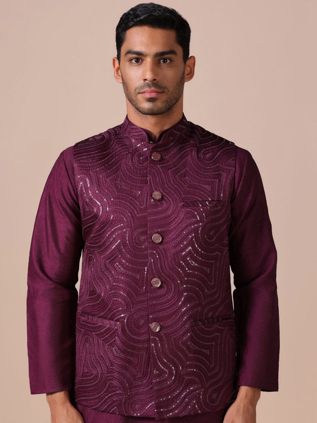 TAHVO Embroidered Mandarin Collar Neck Woven Nehru Jacket