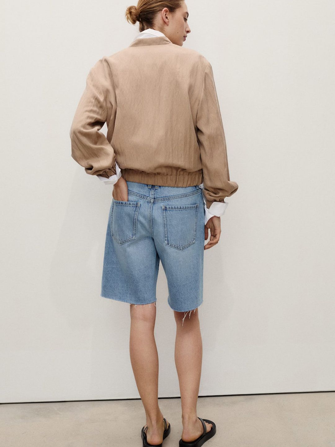 Washed Effect Pure Cotton Straight Fit Denim Bermuda Shorts with Frayed Hem