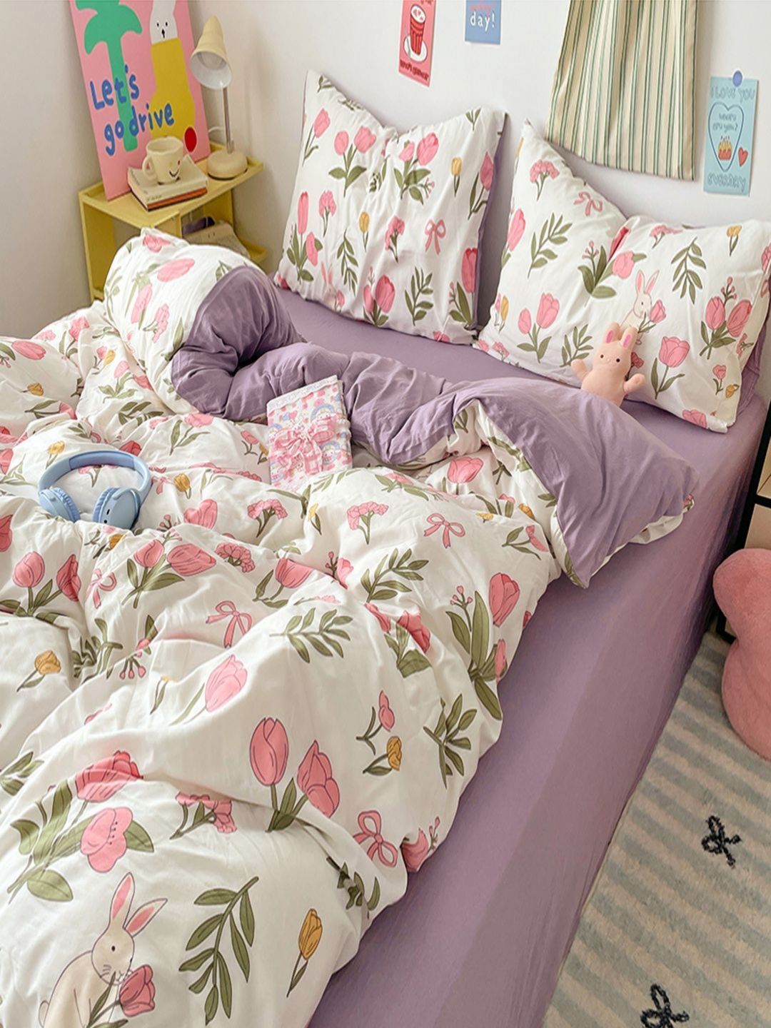 JC HOME Purple & Pink Floral Polycotton 3 Piece Single Regular Bedding Set