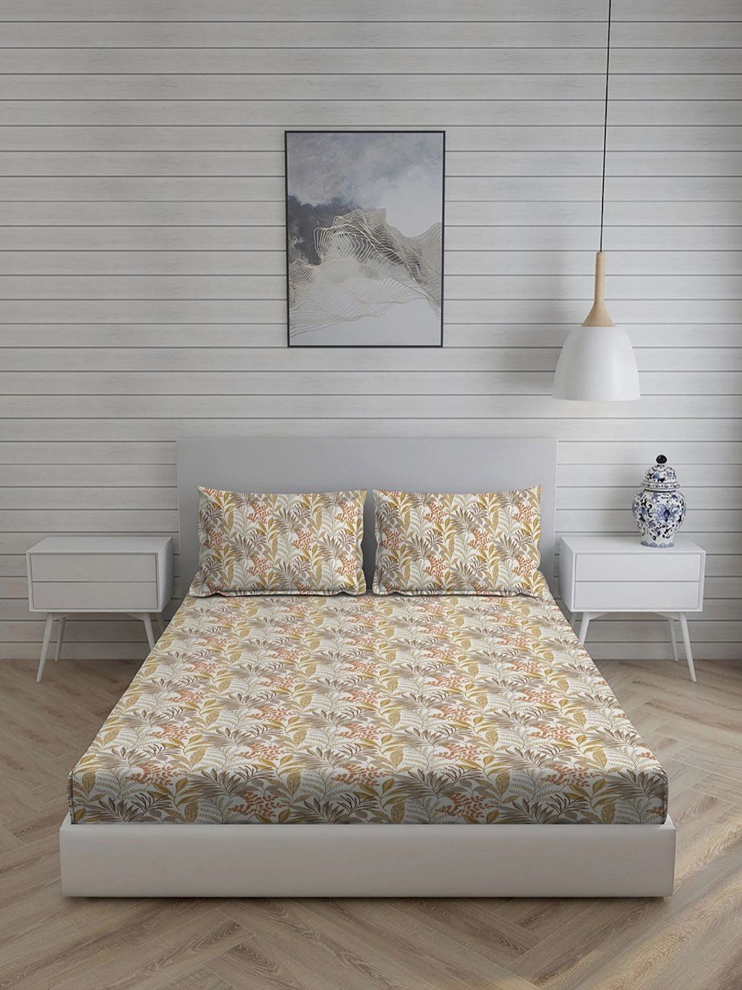Living scapes by Pantaloons White Floral Cotton 210 TC Double Fine Bedsheet with 2 Pillow Covers-88 x 60 inches
