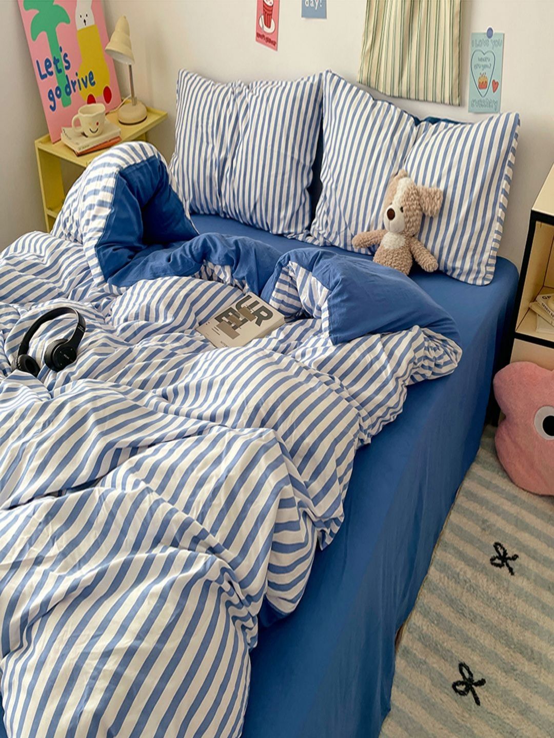 JC HOME Blue & White Striped Polycotton 3 Piece Double King Regular Bedding Set