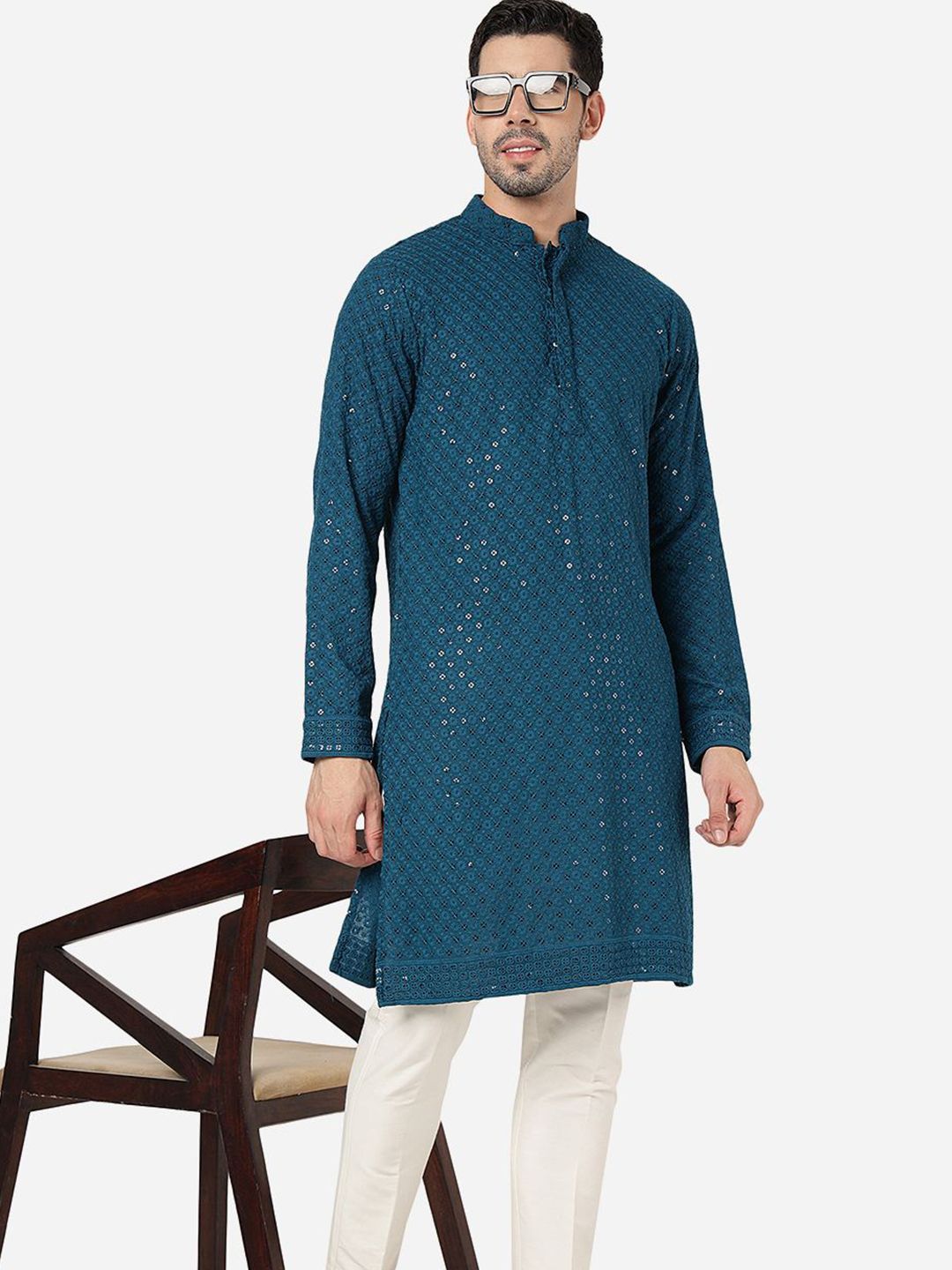 ADHIRAJAN Men Embellished Printed Festive Cotton Straight Kurtas