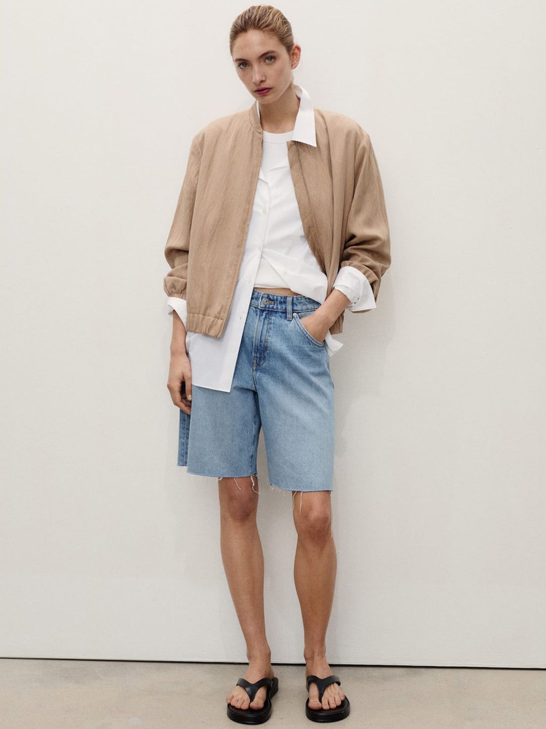 Washed Effect Pure Cotton Straight Fit Denim Bermuda Shorts with Frayed Hem