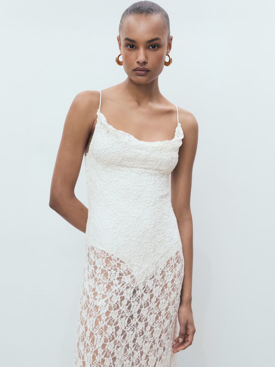 Draped Neck Sheer Lace Maxi Dress