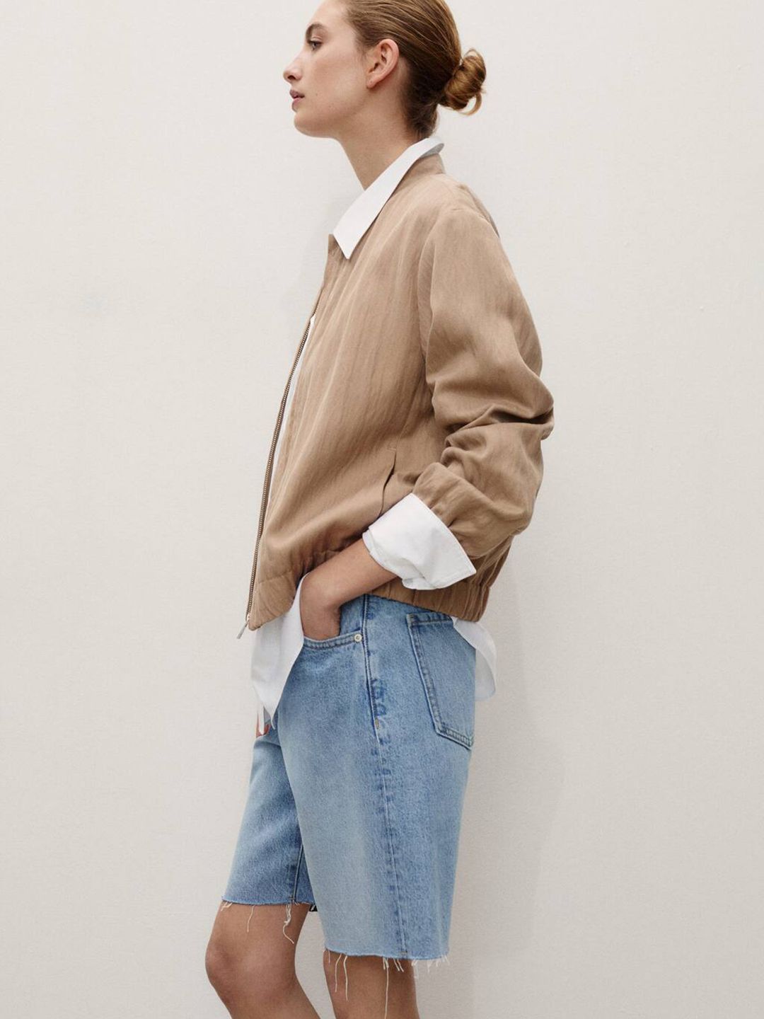 Washed Effect Pure Cotton Straight Fit Denim Bermuda Shorts with Frayed Hem