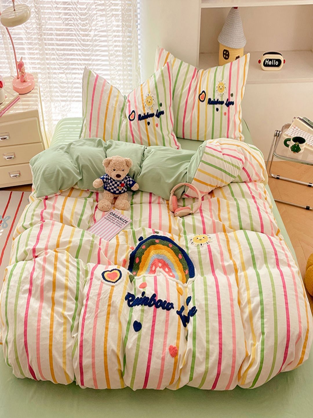 JC HOME Green & Pink Striped Polycotton 3 Piece Double King Regular Bedding Set