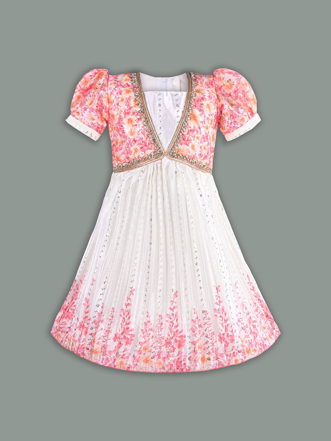 Wish Karo Girls Floral Embellished Satin Fit & Flare Dress