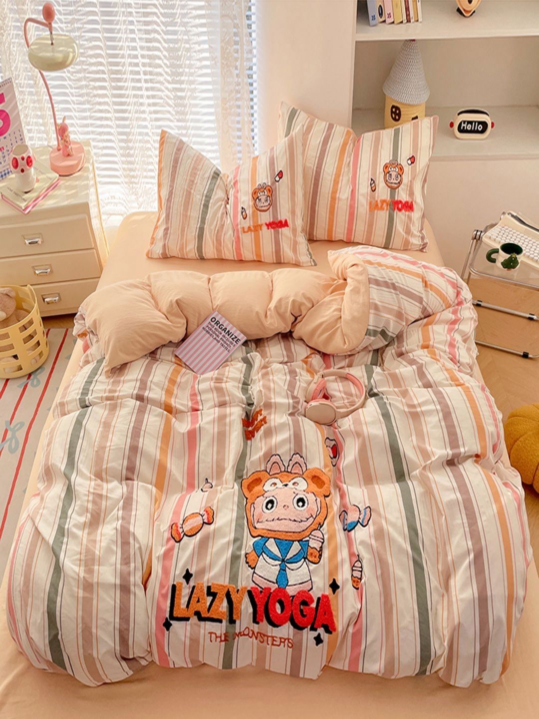 JC HOME Orange & Green Striped Polycotton 3 Piece Single Regular Bedding Set