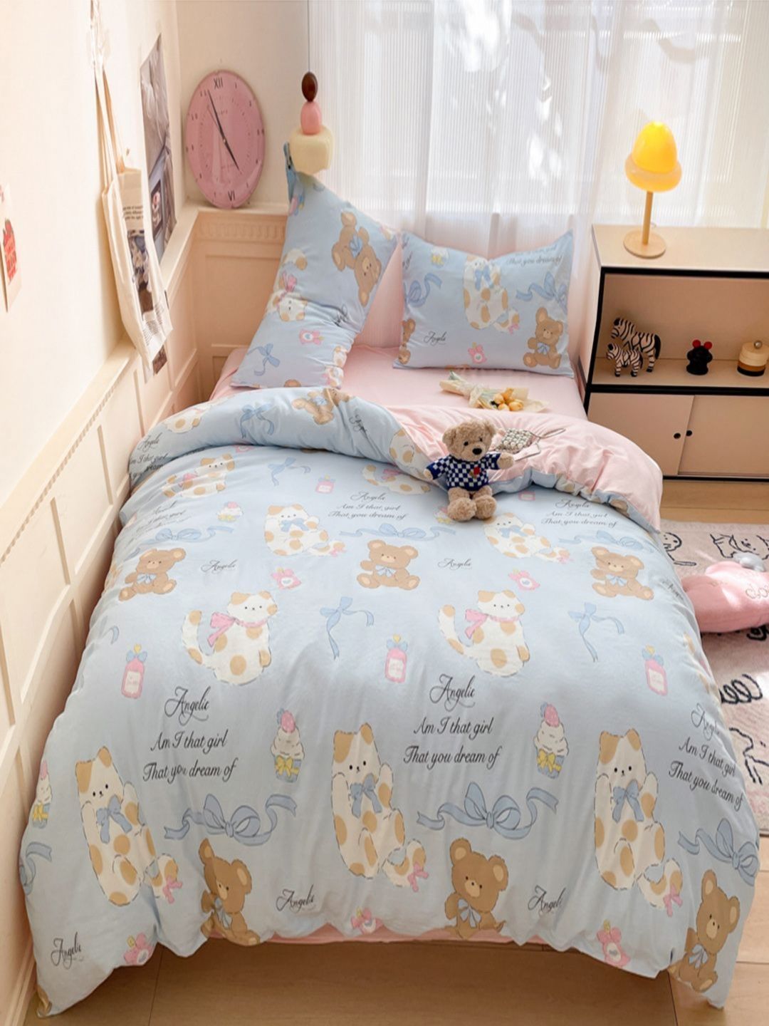 JC HOME Pink & Blue Cartoon Characters Polycotton 3 Piece Single Regular Bedding Set