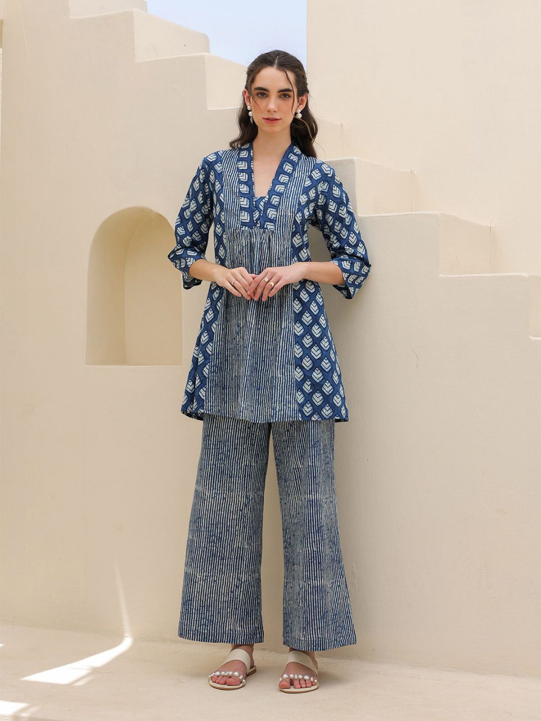 Top With Trousers Co-Ord Set JISORA Women's Blue Printed Cotton Top With Trousers Co-Ord Set