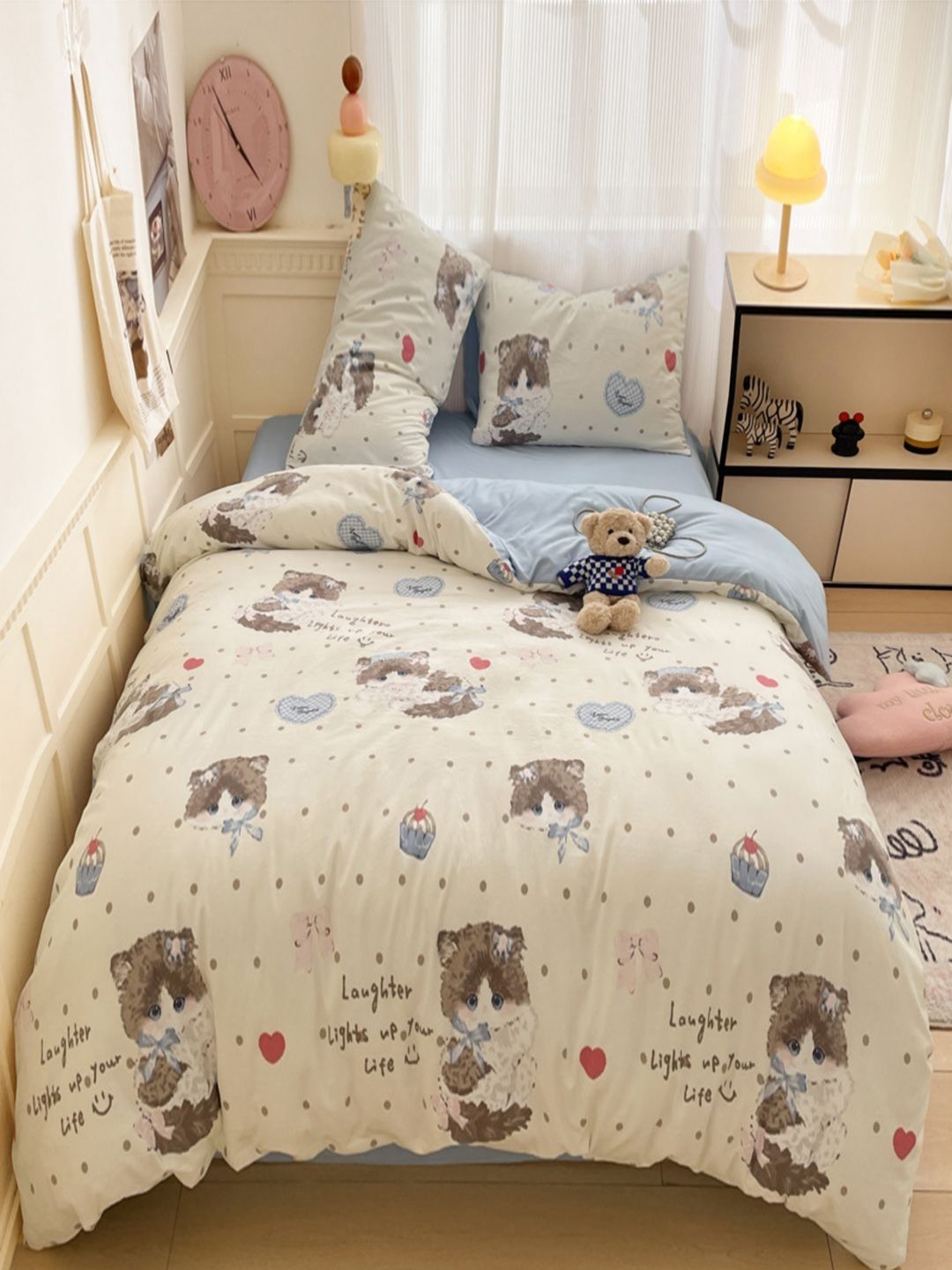 JC HOME Blue & Brown 4 Pieces Floral Printed Double King Bedding Set