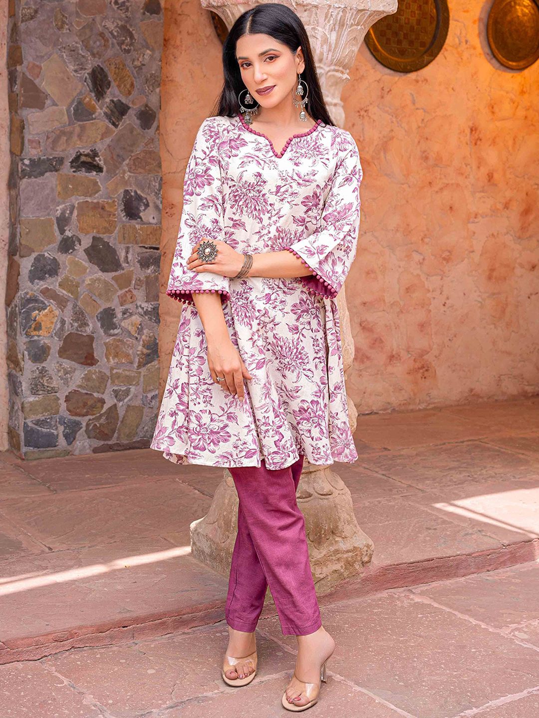 indy Raaga Pure Cotton Printed V-Neck Top & Trousers Co-Ords Set