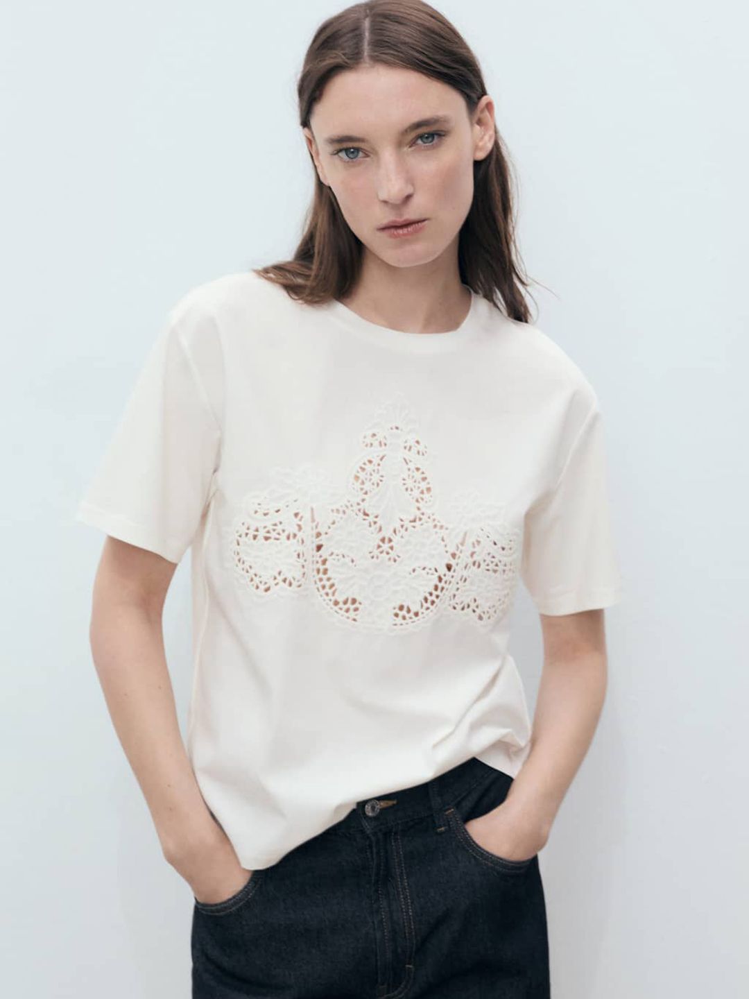 Lace Insert Detail Drop-Shoulder Sleeves Pure Cotton Relaxed Fit T-shirt