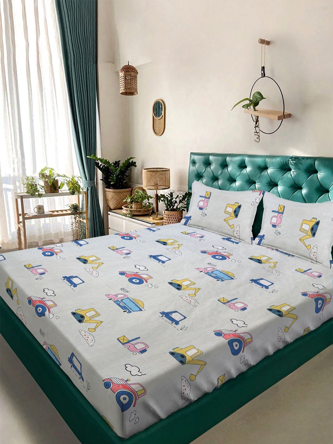Aura Aura Off White & Blue Cartoon Characters Printed 350 TC King Bedsheet Set 2.50 m x 2.15 m