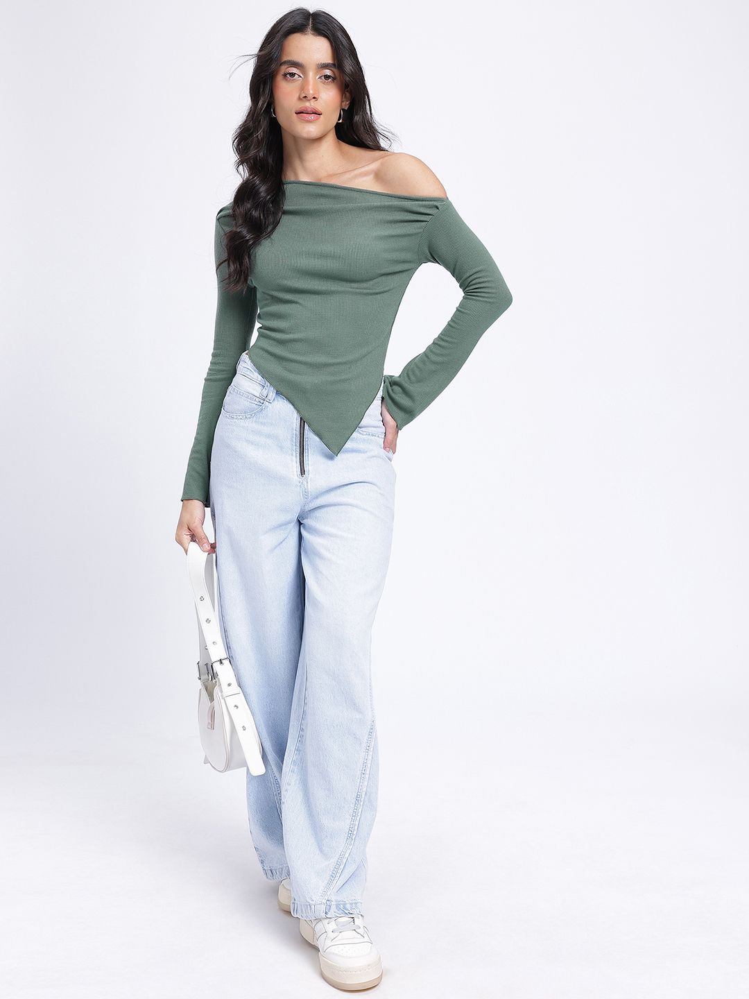 Buy glitchez Ribbed One Shoulder Asymmetric Hem Top - Tops for