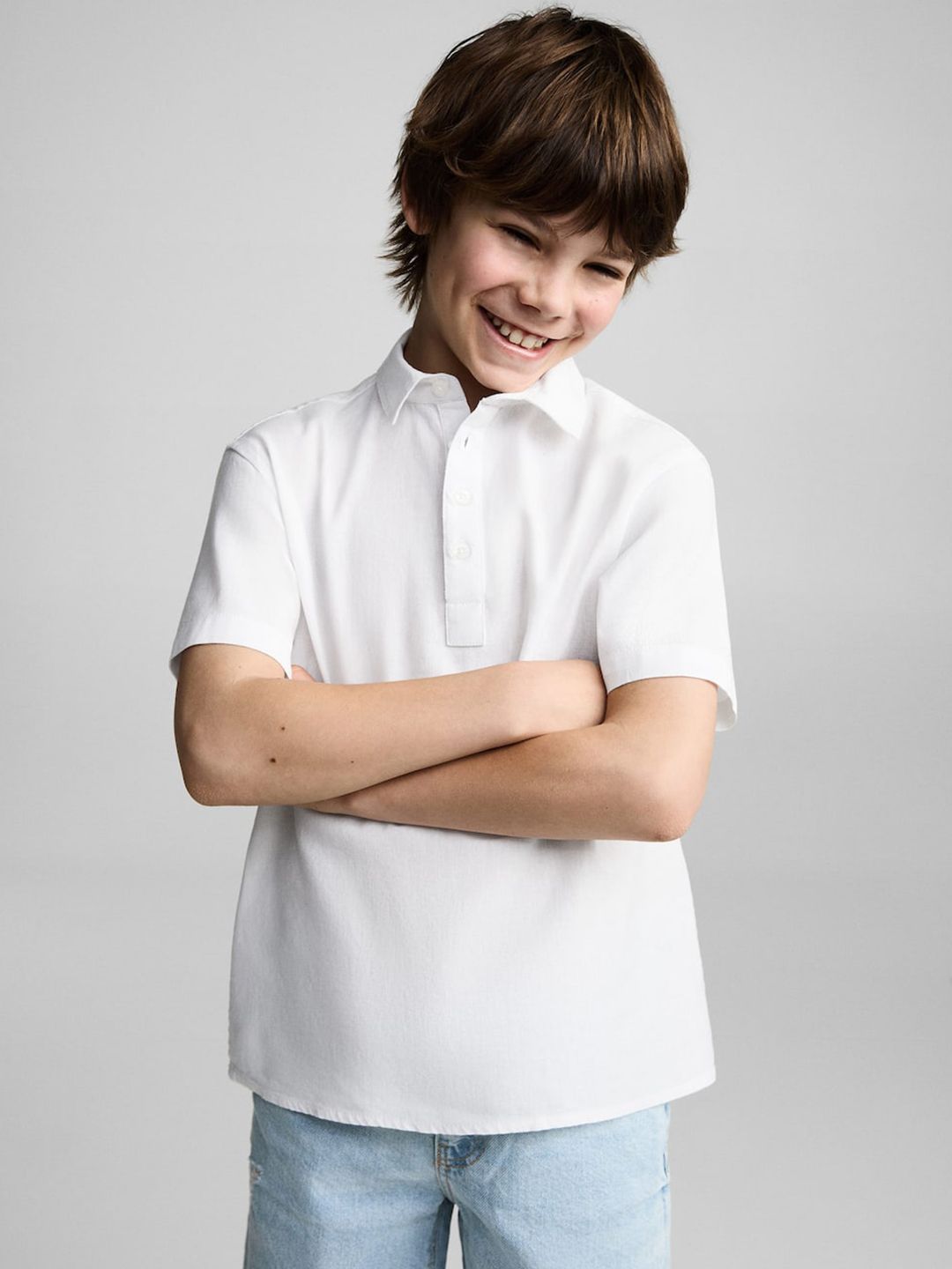 Mango Kids Boys Cotton Linen Polo Collar T-shirt