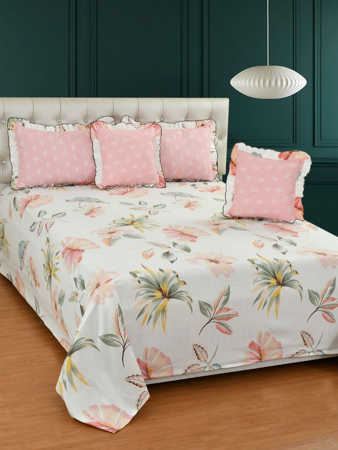 BREVARD White & Pink Floral Printed Double King Bedding Set