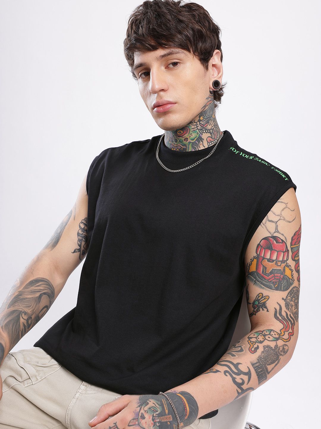 glitchez Oversized Fit Sleeveless Typography Printed T-shirt