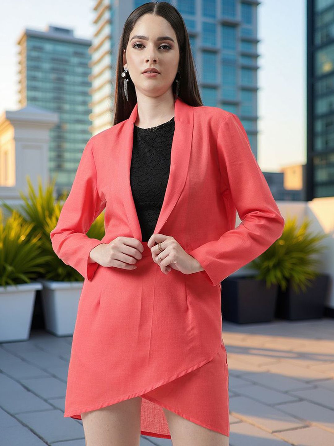 Zima Leto Shawl Collar Blazer With Petal Design Skirt Co-Ords