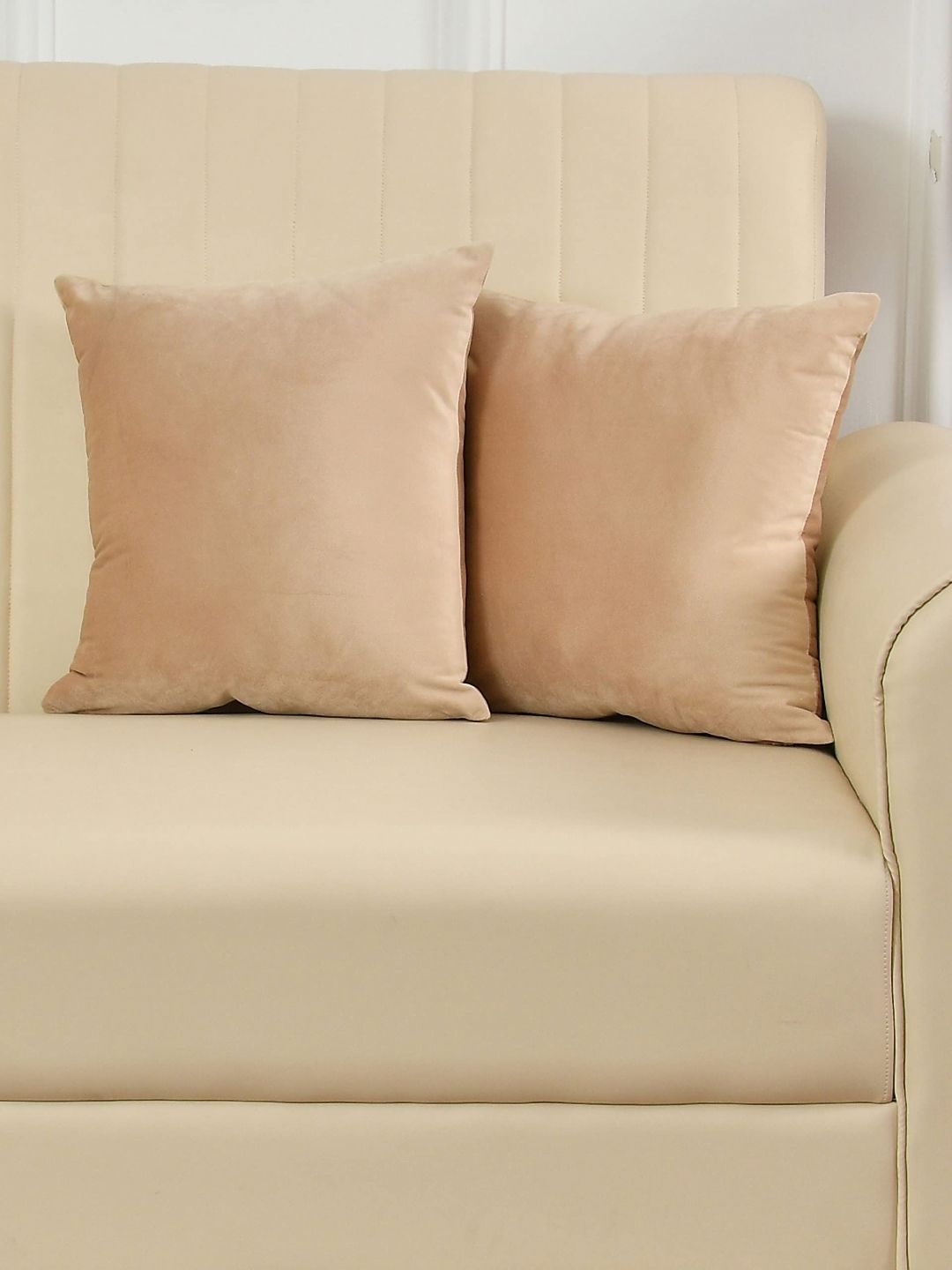 Yellow Weaves Beige 2 Pieces Velvet Square Cushion Covers