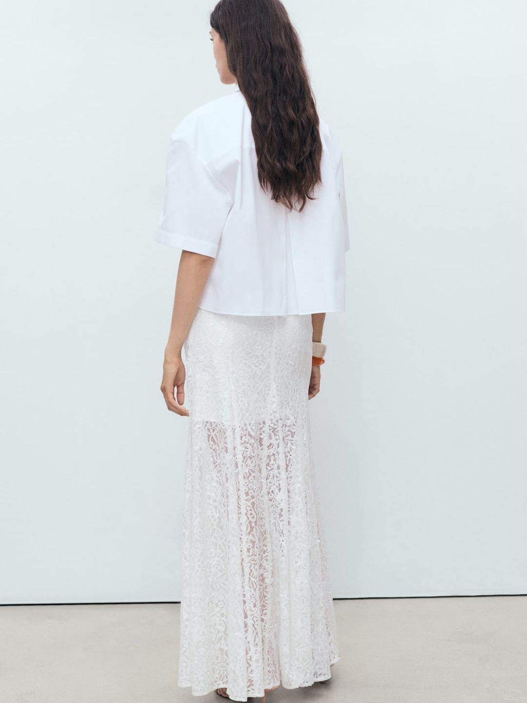 High-Rise Lace Floral Sequined Semi-Sheer A-Line Skirt