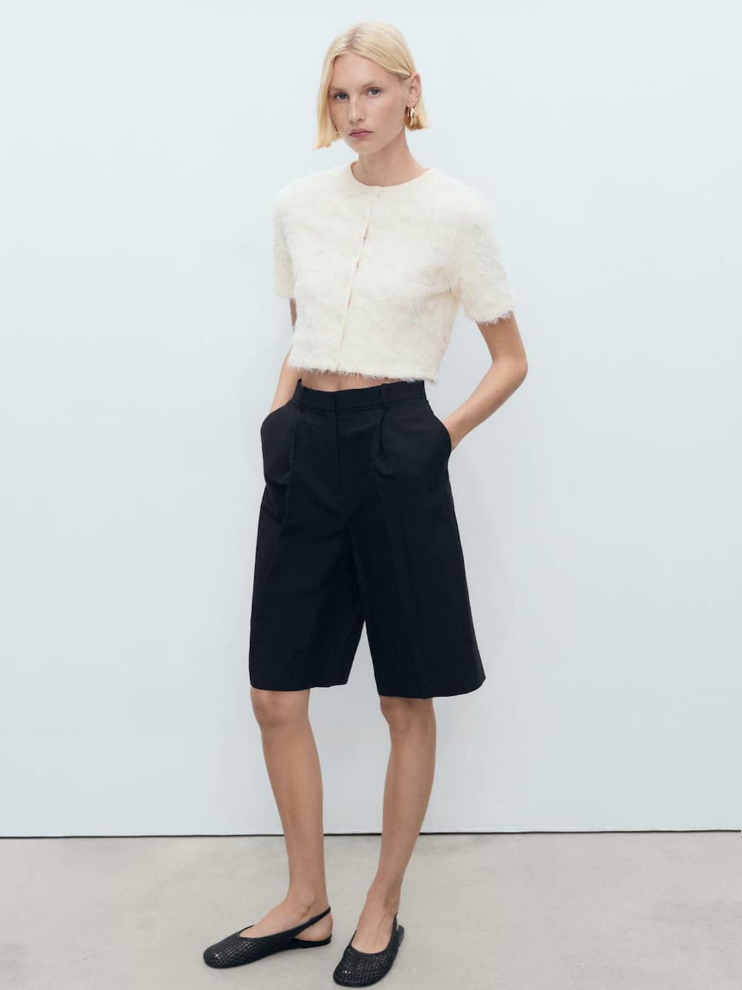 Floral Self-Design Net Button-Down Crop Top