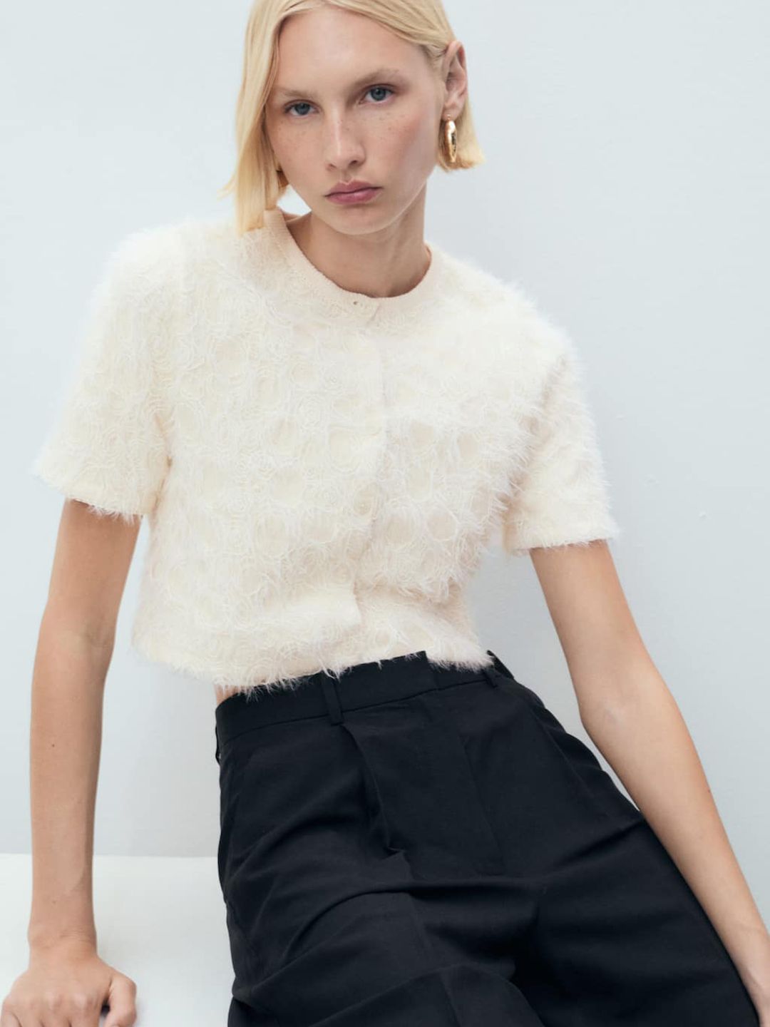 Floral Self-Design Net Button-Down Crop Top