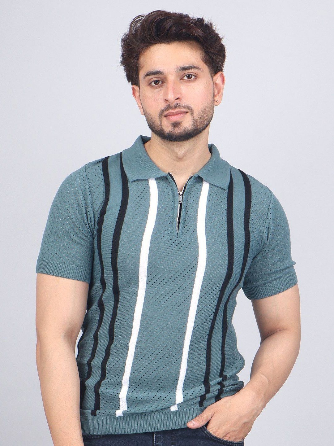 FEVERFEW Striped Polo Collar Cotton Regular Fit T-shirt