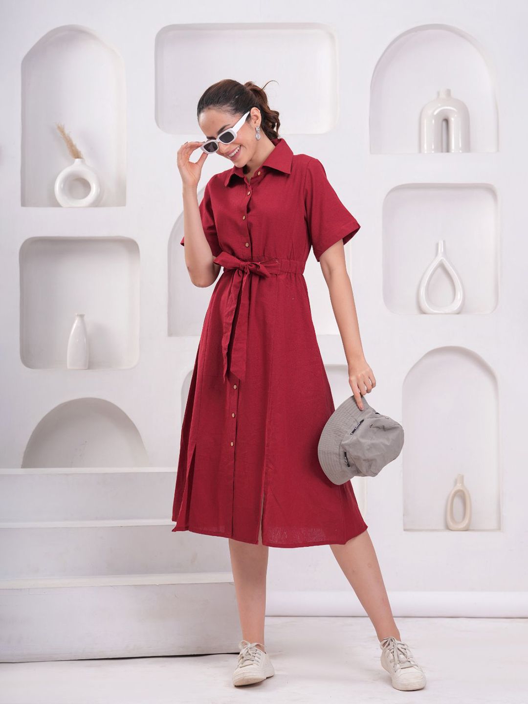 Buy OH MI DIOS Women Shirt Collared Belted Cotton Shirt Midi Dress