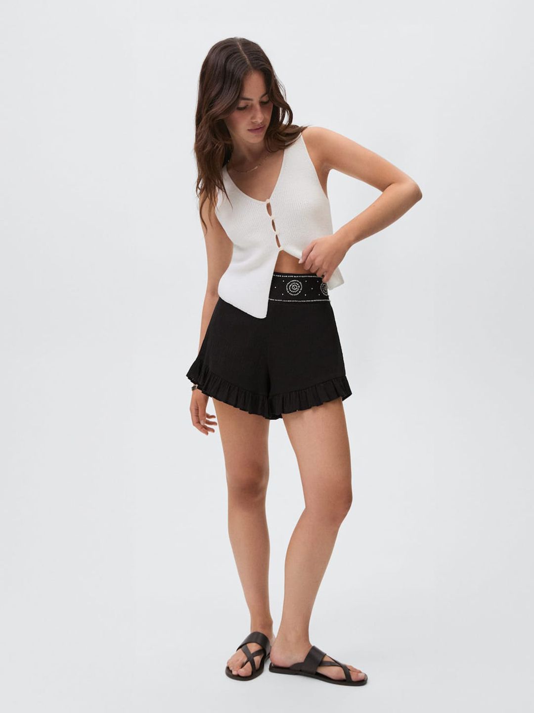Beaded Embroidered Ruffled Pure Cotton Shorts