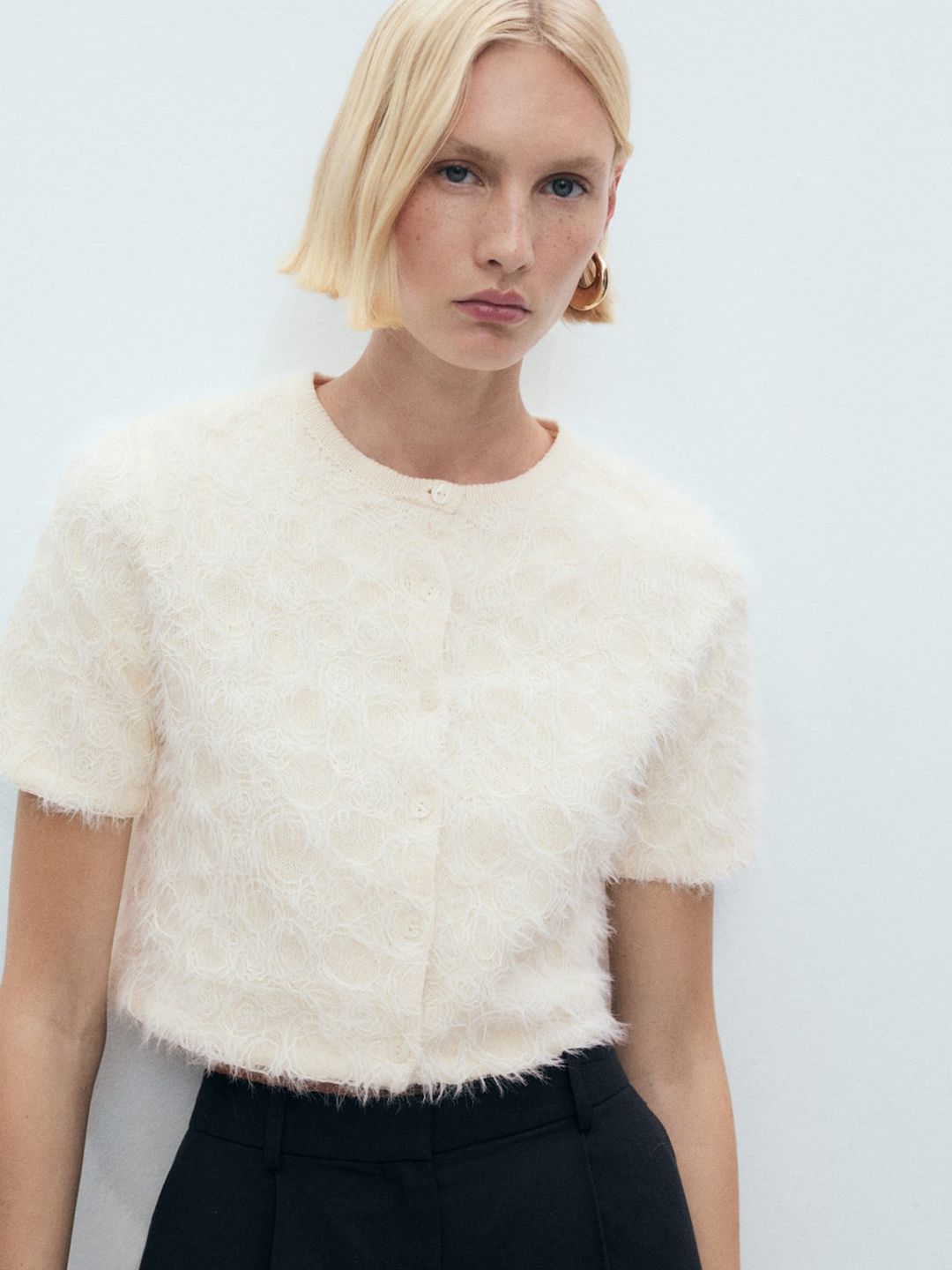 Floral Self-Design Net Button-Down Crop Top