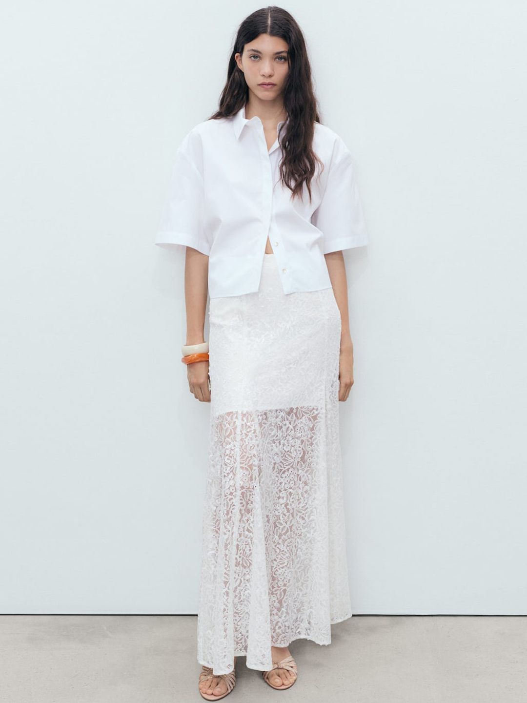 High-Rise Lace Floral Sequined Semi-Sheer A-Line Skirt