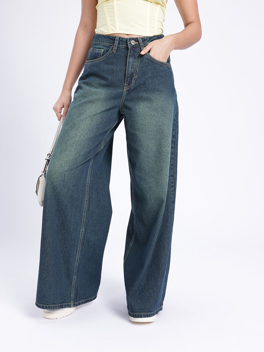 glitchez Women Heavy Fade Wide Leg Jeans